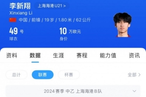 已在中乙锻炼一年！李新翔去年为海港B队出战21次，贡献5球3助攻